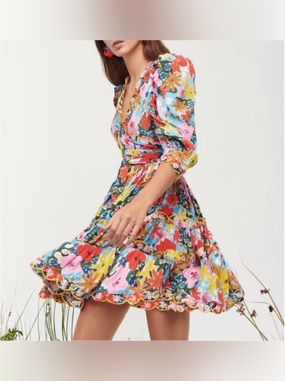 CeliaB Aila Floral Mini Dress NWT Scallop Trim Puff Sleeve V Neck